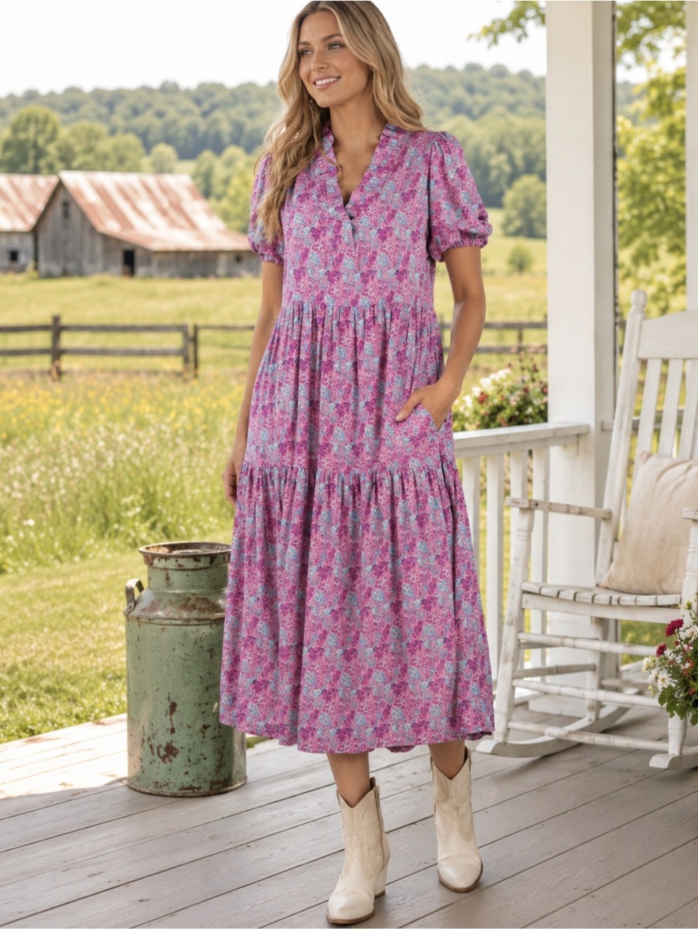 Pink Floral Tiered Midi Dress with Puff Sleeves